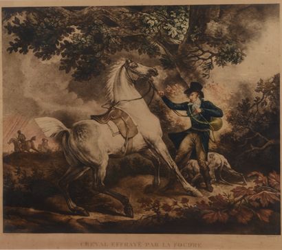 null Carl VERNET. Horse frightened by lightning. Lost hunter. Two engravings in colors...