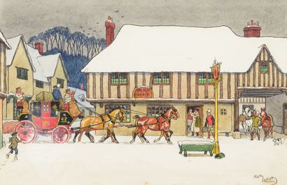 null Harry Eliott (1882-1959). Arrival at the Inn. Watercolor on paper signed lower...