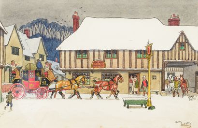 null Harry Eliott (1882-1959). Arrivée à l’auberge. Aquarelle sur papier signée en...