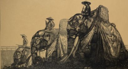 
Paul JOUVE (1878-1973). Eléphants à Hué,...