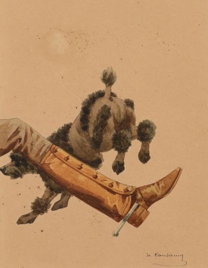 null Charles Fernand de CONDAMY (1855-1913). Caniche sautant la jambe du maitre....
