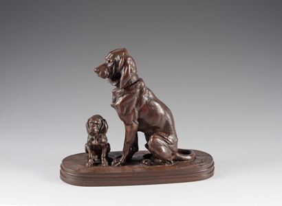 null Alfred JACQUEMART (1824-1896). Sitting pack dog and puppy. Bronze with a reddish-brown...