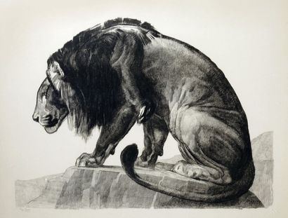 JOUVE Paul (1880-1973) « Lion guettant, assis » - 1925 . Lithographie originale sur...