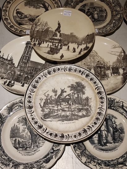 null Un lot d'assiettes en faience à décor imprimé divers : scènes humoristiques,...