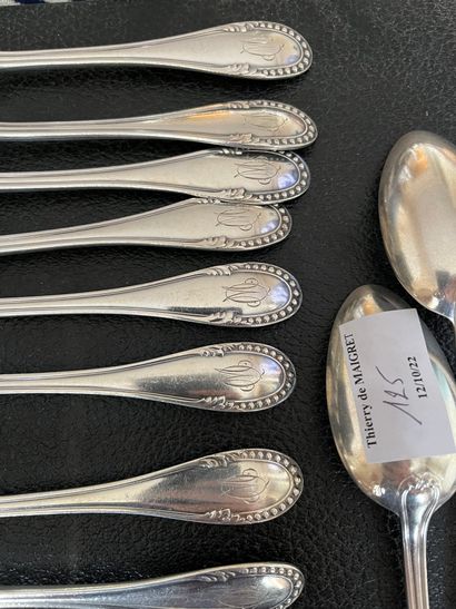 null 
6 pieces of flatware, spatula with rows of pearls 




Minervex hallmark




Gross...