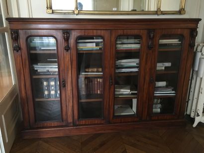 null Mahogany and mahogany veneer low bookcase, opening with 4 glass doors, English...