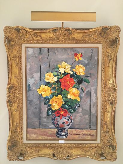 null Maurice SAVREUX, Bouquet de fleurs dans un vase Imari, huile sur isorel SBD,...