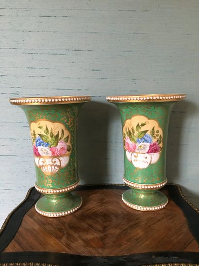 Pair of porcelain cone vases with a green...