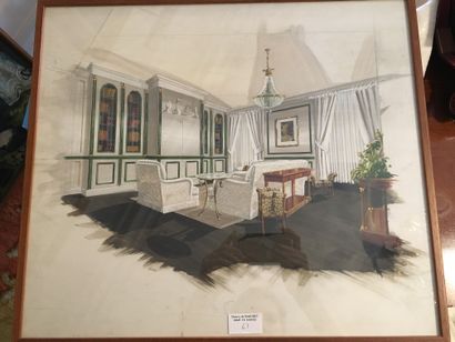 null Ecole vers 1950-1960, Maquette pour un décor intérieur, gouache, 41x47 cm (ref...