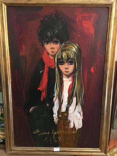 null Pierre DURRIEU, Portrait de deux enfants, huile sur toile, signée en bas à gauche,...