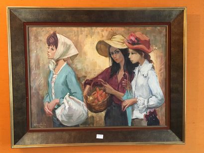 null CHOCHON, XXth, Three young women at the market, hst sbg (chips, small missing),...