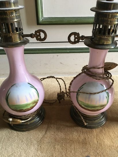 null Pair of porcelain lamps with pink background, decorated with ducks in cartouches,...