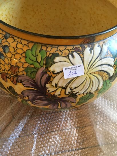 null Large enamelled ceramic planter with yellow background, decorated with flowers,...