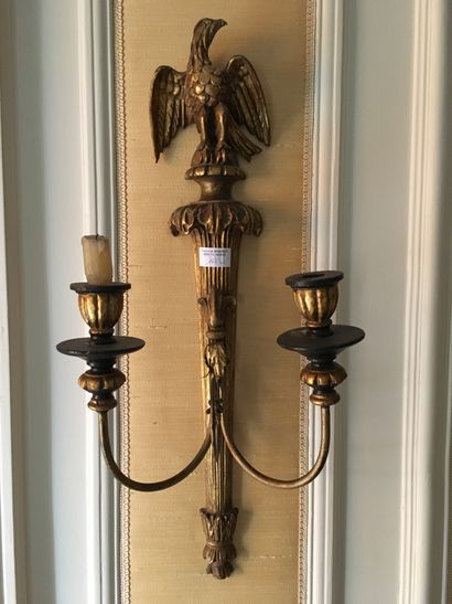 null Two pair of sconces, one in gilt bronze decorated with a music trophy and a...