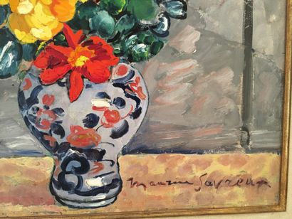 null Maurice SAVREUX, Bouquet de fleurs dans un vase Imari, huile sur isorel SBD,...