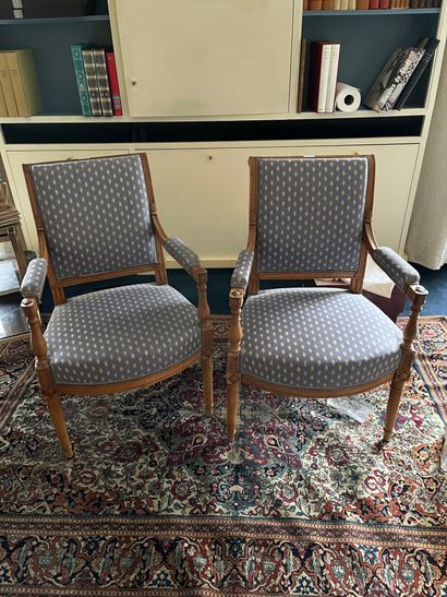 null Pair of armchairs with baluster armrests. Blue fabric upholstery. Size: 86 x...