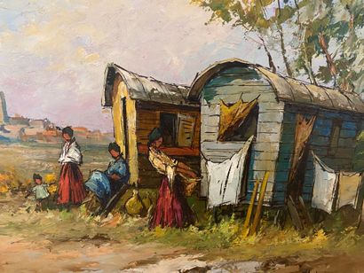 null The caravan 

Oil on panel 

Signed lower right H. BARRY 

50.5 x 60 cm