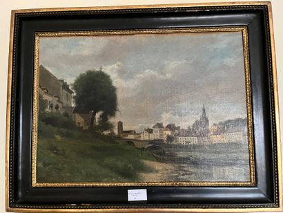 null View Of Chateau Thierry. Oil on canvas signed Eugène LAVIEILLE in the lower...