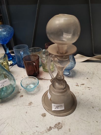 null Lot of glassware including Biot glasses, a blown glass oil lamp and a blue carafe...