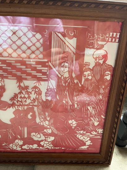 null Framed representing an Asian scene with dignitaries, cut paper 

Wear and t...