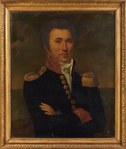 Huile sur toile : Portrait d'un lieutenant de vaisseau en uniforme conforme au règlement...