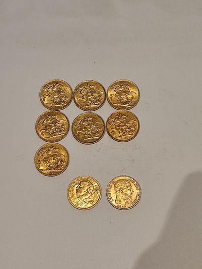 null Lot de 9 pièces en or comprenant :
7 pièces de 20 Francs or 
1 pièce de 20 Francs...
