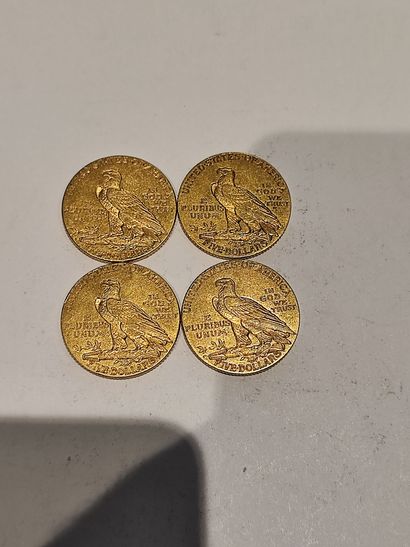 null 4 pièces de 5 Dollars or Indian Head datées 1908-1909 (x2)-1914.