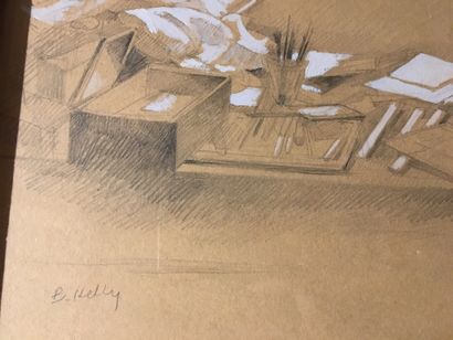 null Bernadette Kelly, Vue de l'atelier, crayon et gouache, 32 x 50 cm - Nu féminin...