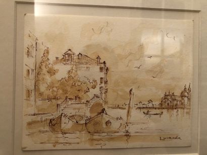 null Antonio LUCARDA (1904-1993),Two views of Venice,Pen and watercolor, one signed...
