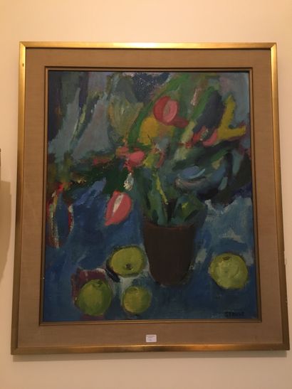 null STRUVE (Xxe), nature morte aux fleurs et aux pommes, huile sur toile, 63x52...