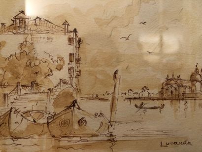 null Antonio LUCARDA (1904-1993),Two views of Venice,Pen and watercolor, one signed...