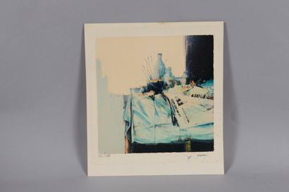 null BBernard MANDEVILLE XXth, Lithograph abstract sand and blue background, signed...