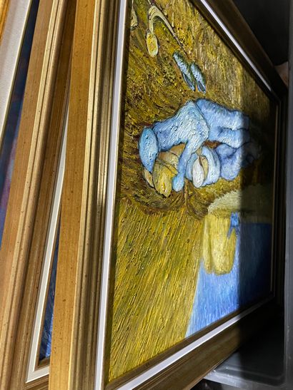 null D'après Van Gogh, Monet et école impressionniste - Huile sur toile et deux reproductions....