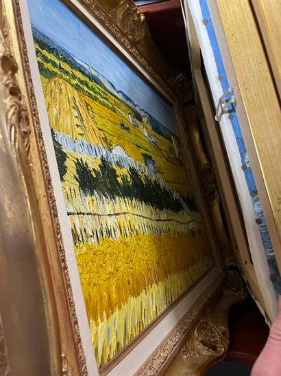 null D'après Van Gogh, Monet et école impressionniste - Huile sur toile et deux reproductions....