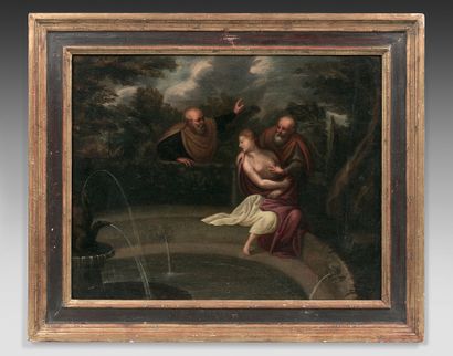 École FLAMANDE du XVIIe siècle Suzanne et les Vieillards
Toile.
51 x 62 cm
Usure...