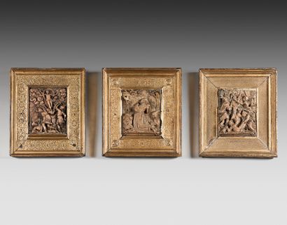 null Three alabaster plaques carved in high relief with gilding representing "The...