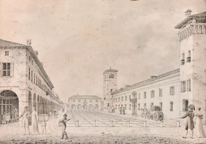 Giorgio FUENTES (Milan 1756-1821) Promeneurs sur la place d'une ville
Plume et encre...