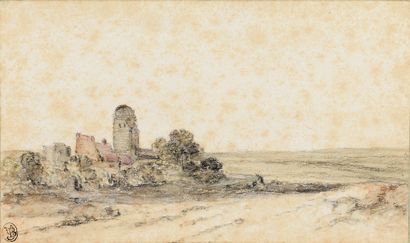 Georges MICHEL (Paris 1763-1843) Landscape with castle ruins
Black stone, gray and...