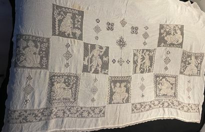 null Two altar cloths in linen, needlepoint inlays and squares in embroidered Net,...