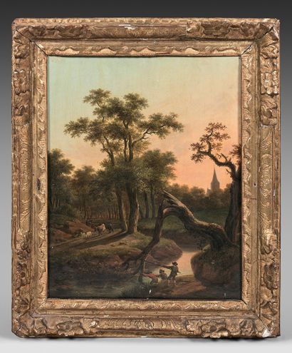 Frans SWAGERS (Utrecht 1756 - Paris 1836) Pêcheurs près d'une rivière
Paysage avec...