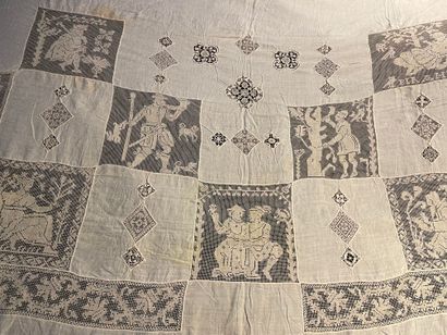 null Two altar cloths in linen, needlepoint inlays and squares in embroidered Net,...