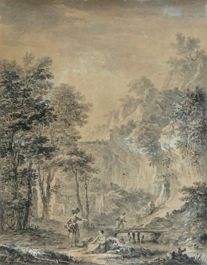 École FRANÇAISE du XVIIIe siècle, entourage de Hubert ROBERT Washerwomen near a waterfall
Black...