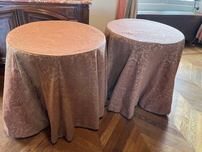 Pair of round tables or ends of sofa, skirted...