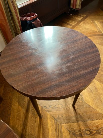 null Pair of round tables or ends of sofa, skirted with a rust lampas with large...