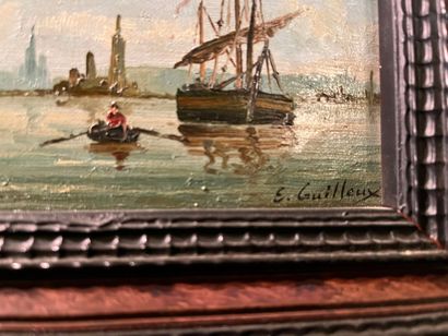 null E. GUILLEUX
« Marine, bateaux et barque »
 Huile sur toile signée en bas à droite....