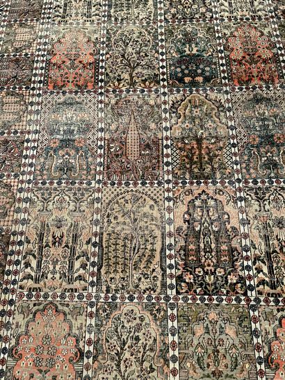 null Wool carpet, cypress tree decoration, tree of life in squares. Kashmir, India...