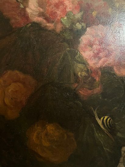 null Huile sur toile représentant des fleurs sur un entablement.
19ème siècle. 59...