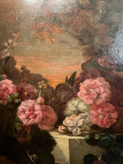 null Oil on canvas representing flowers on an entablature.
19th century. 59 x 72...