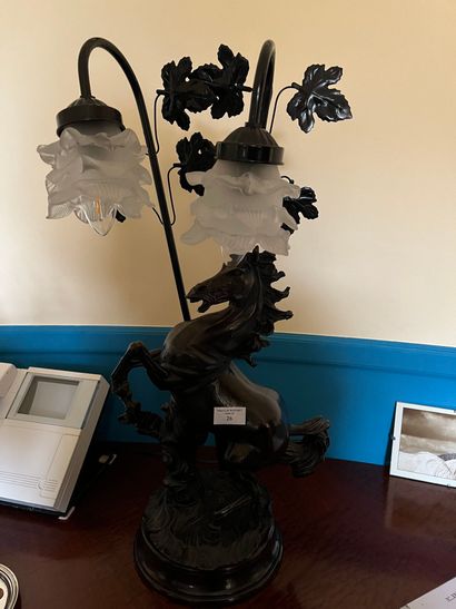 Lamp prancing horse in black patinated composition,...