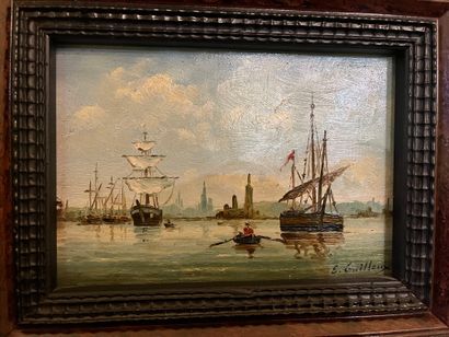 null E. GUILLEUX
« Marine, bateaux et barque »
 Huile sur toile signée en bas à droite....